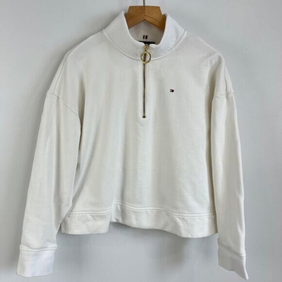Tommy Hilfiger Women's Medium White Oversized 1/4 Zip Pullover Sweater Ring Zip - Picture 12 of 16